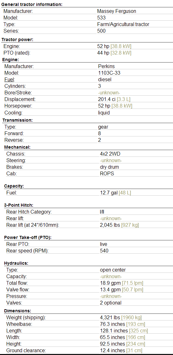 Massey Ferguson 533 Specifications