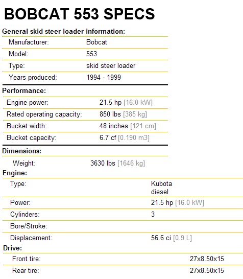 Bobcat 553 Specificatins