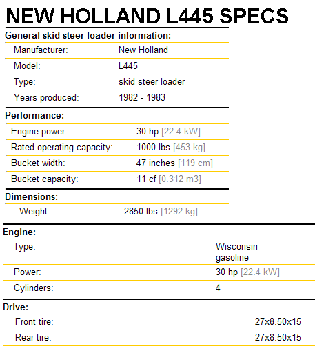 New Holland L445 Specifications