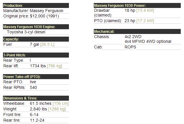Massey Ferguson 1030 Specifications