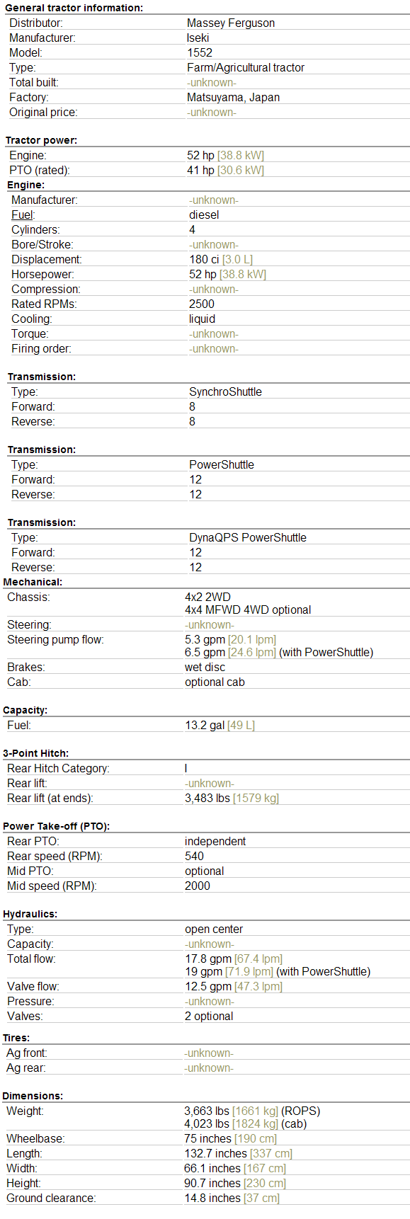Massey Ferguson 1552 Specifications