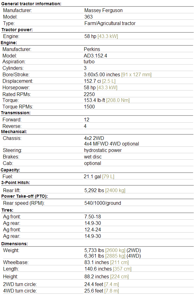 Massey Ferguson 363 Specifications
