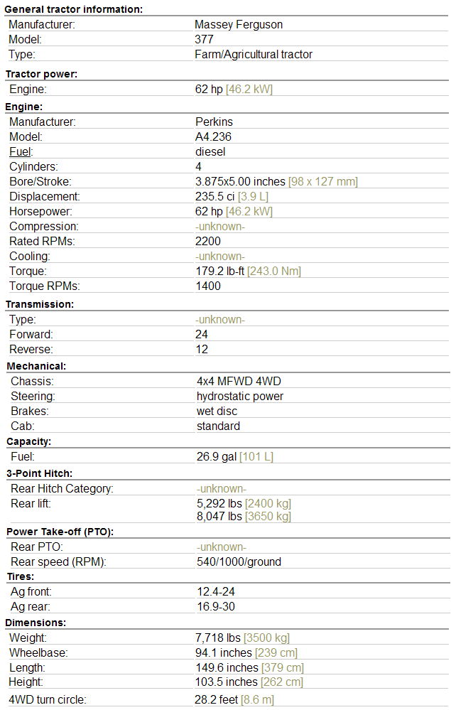 Massey Ferguson 377 Specifications